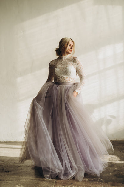 Lilac and grey maxi tulle skirt for an alternative nature-inspired wedding.