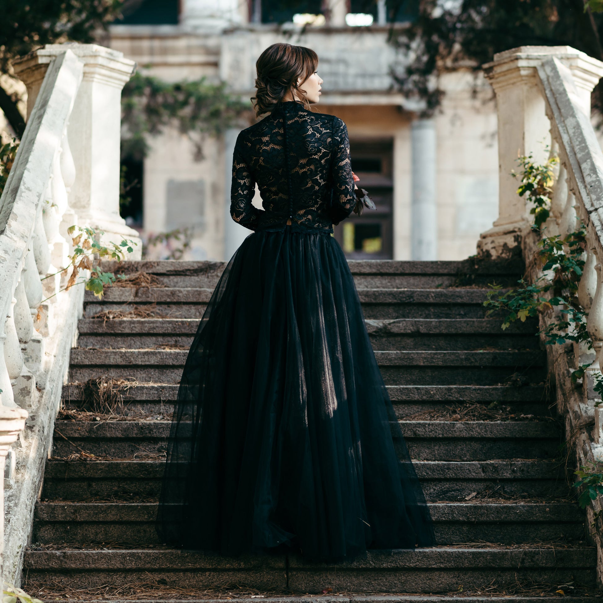 black tulle wedding dress Sarah Custom with a Deep V Neckline and Layered Tulle, Deep V Black Wedding Dress, Gothic Wedding Dress Brides looking for a black wedding dress with layered tulle will love this style Black Wedding Dresses That Will
