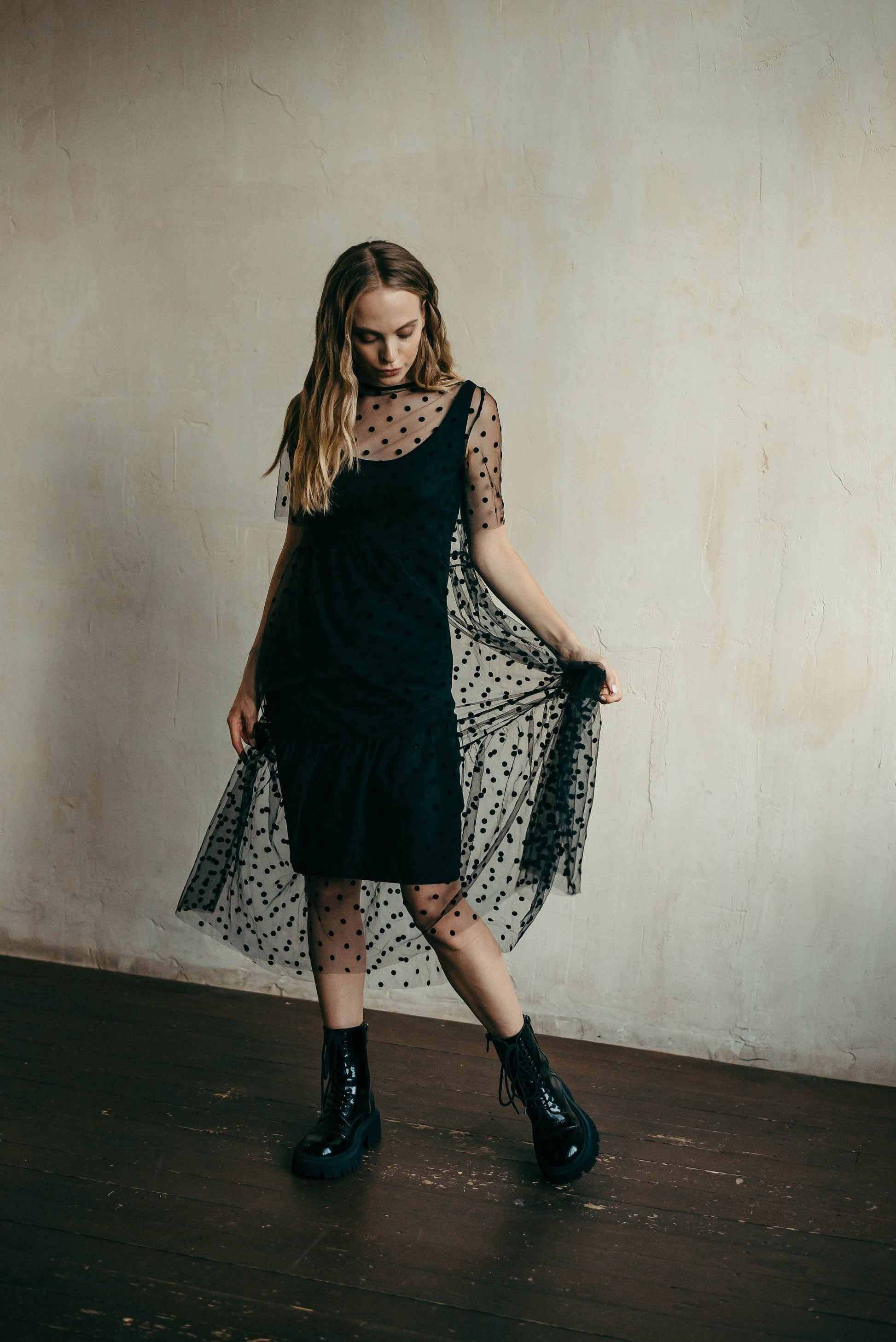 Black Polka Dot Tulle Overlay Dress Alternative Bridal Married in the Morning Black Polka Dot Tulle Overlay Dress Alternative Bridal Married in the Morning