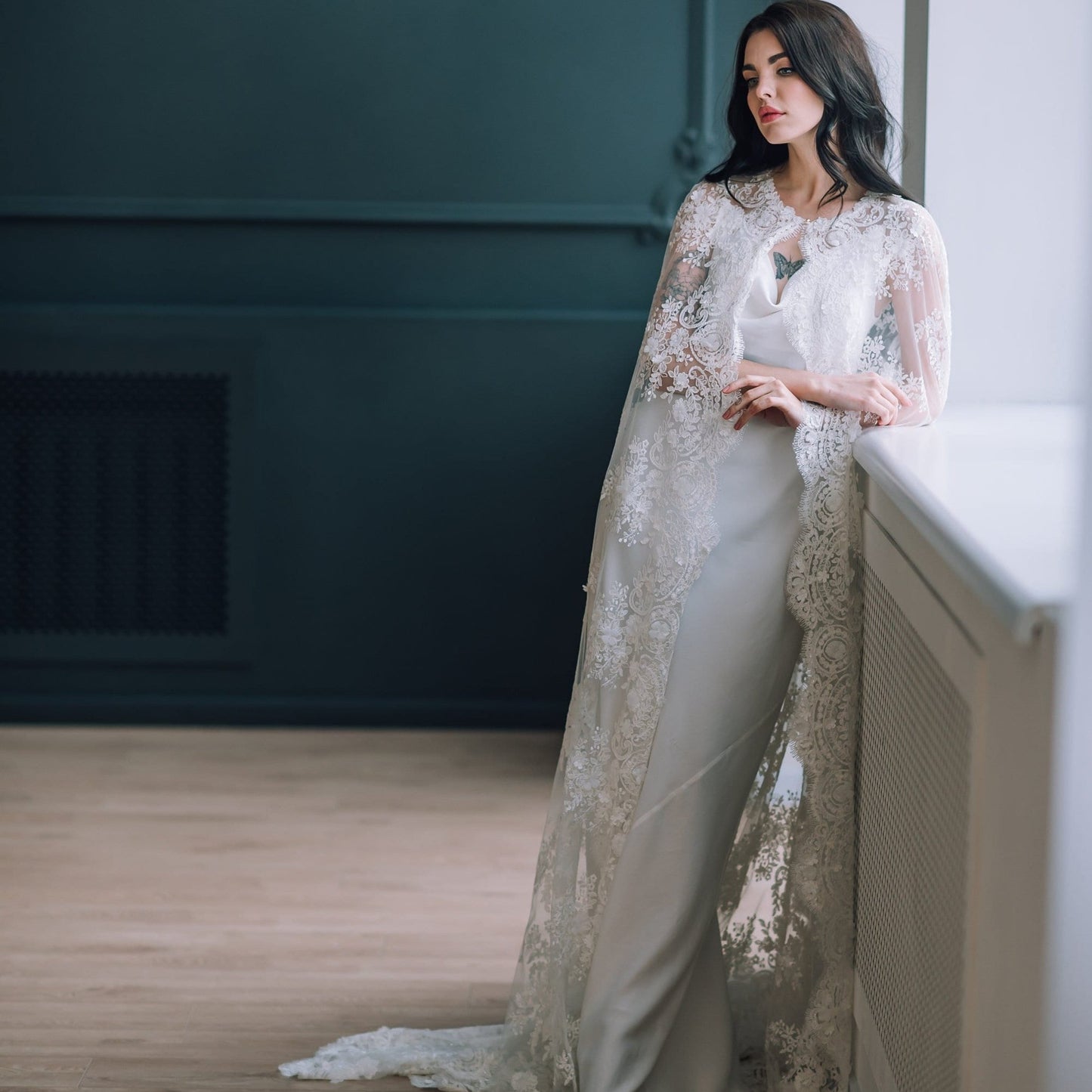 Ivory corded lace bridal cape with hood, 3D floral beading and sequins, alternative wedding veil cover-up.