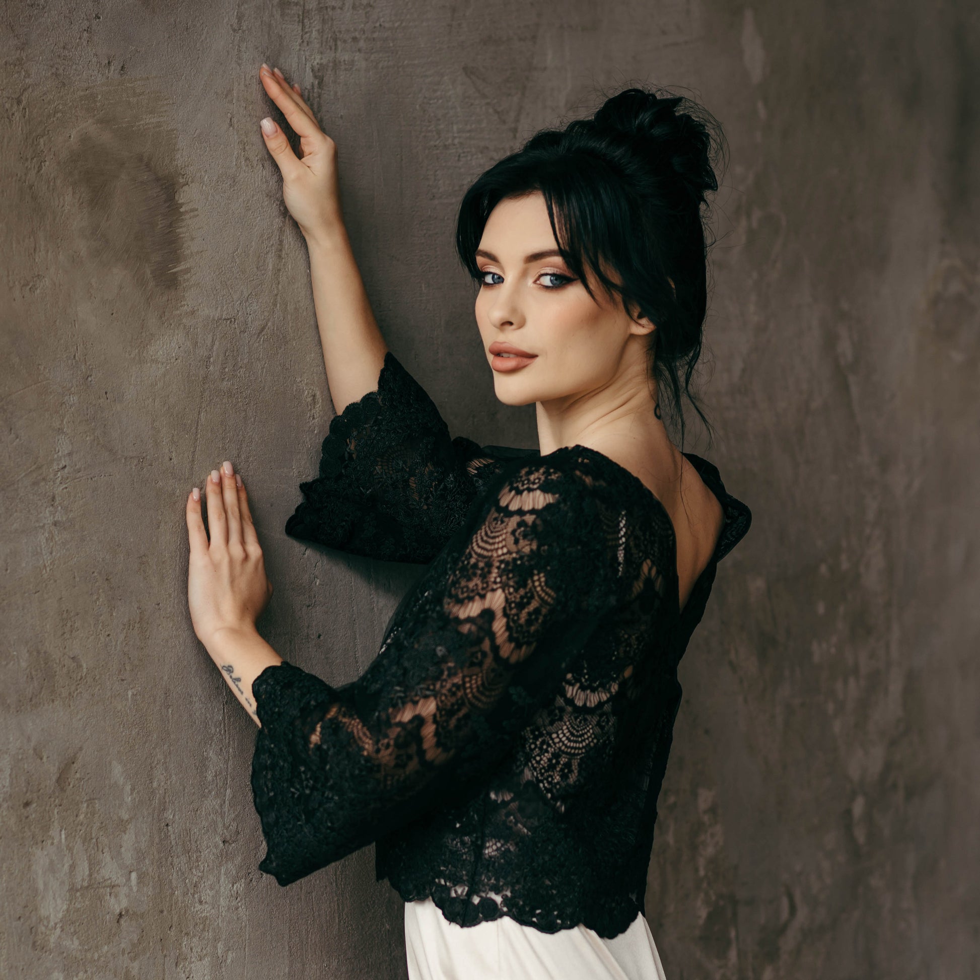 black lace top wedding dress NIETTA / Black Wedding Dress with Nude Lining