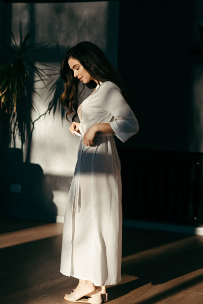 Long White Bridal Robe Ankle Length Sheer Dressing Gown Married in the Morning Long White Bridal Robe Ankle Length Sheer Dressing Gown Married in the Morning