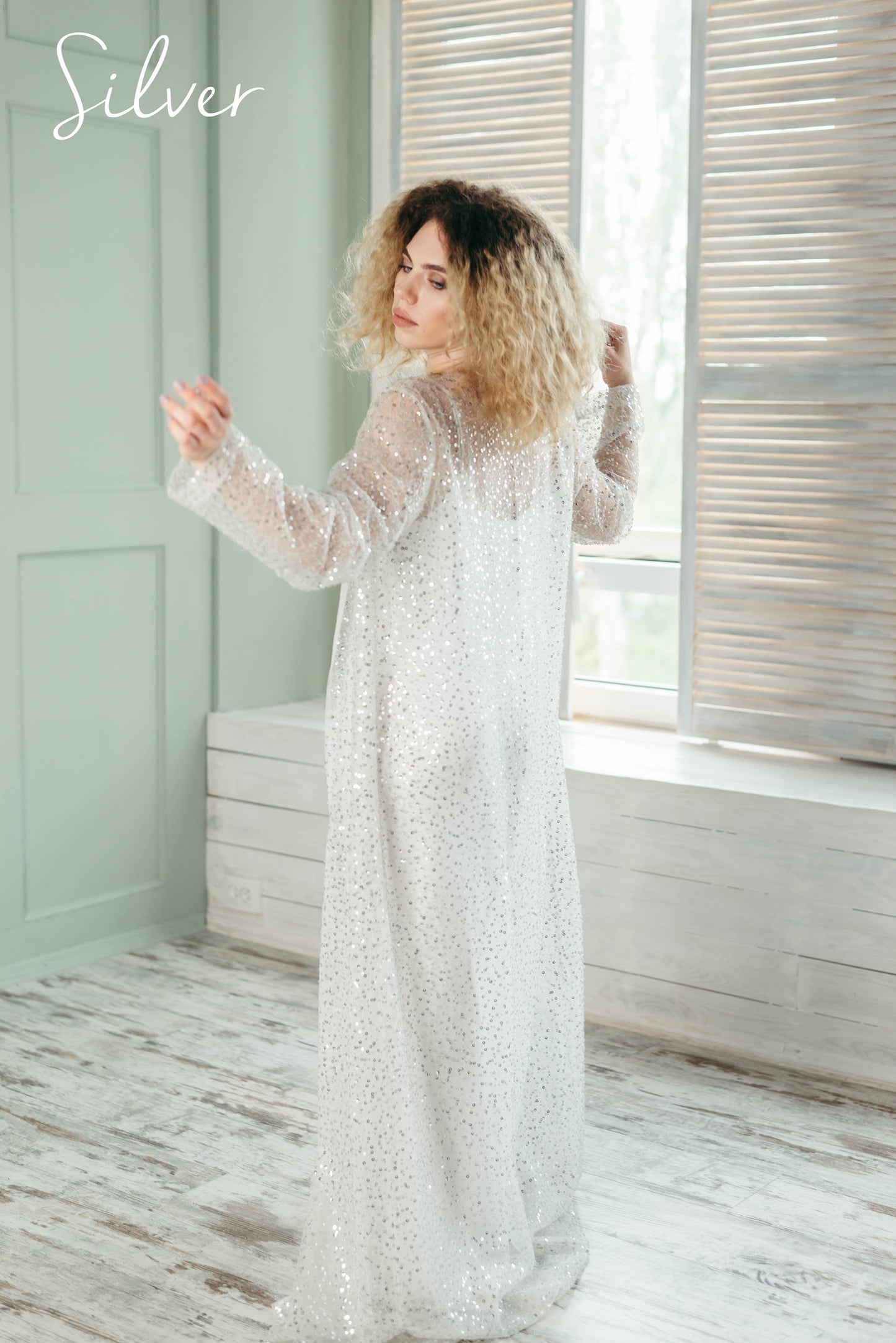 Iona bridal cape with sleeves, silver variant, labelled