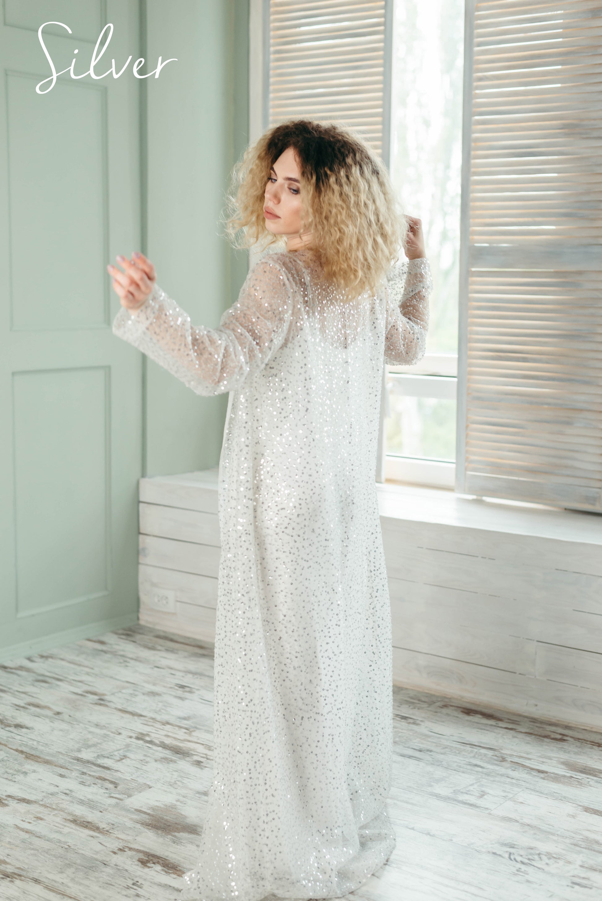 Iona bridal cape with sleeves, silver variant, labelled
