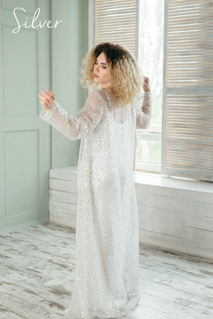Iona bridal cape with sleeves, silver variant, labelled