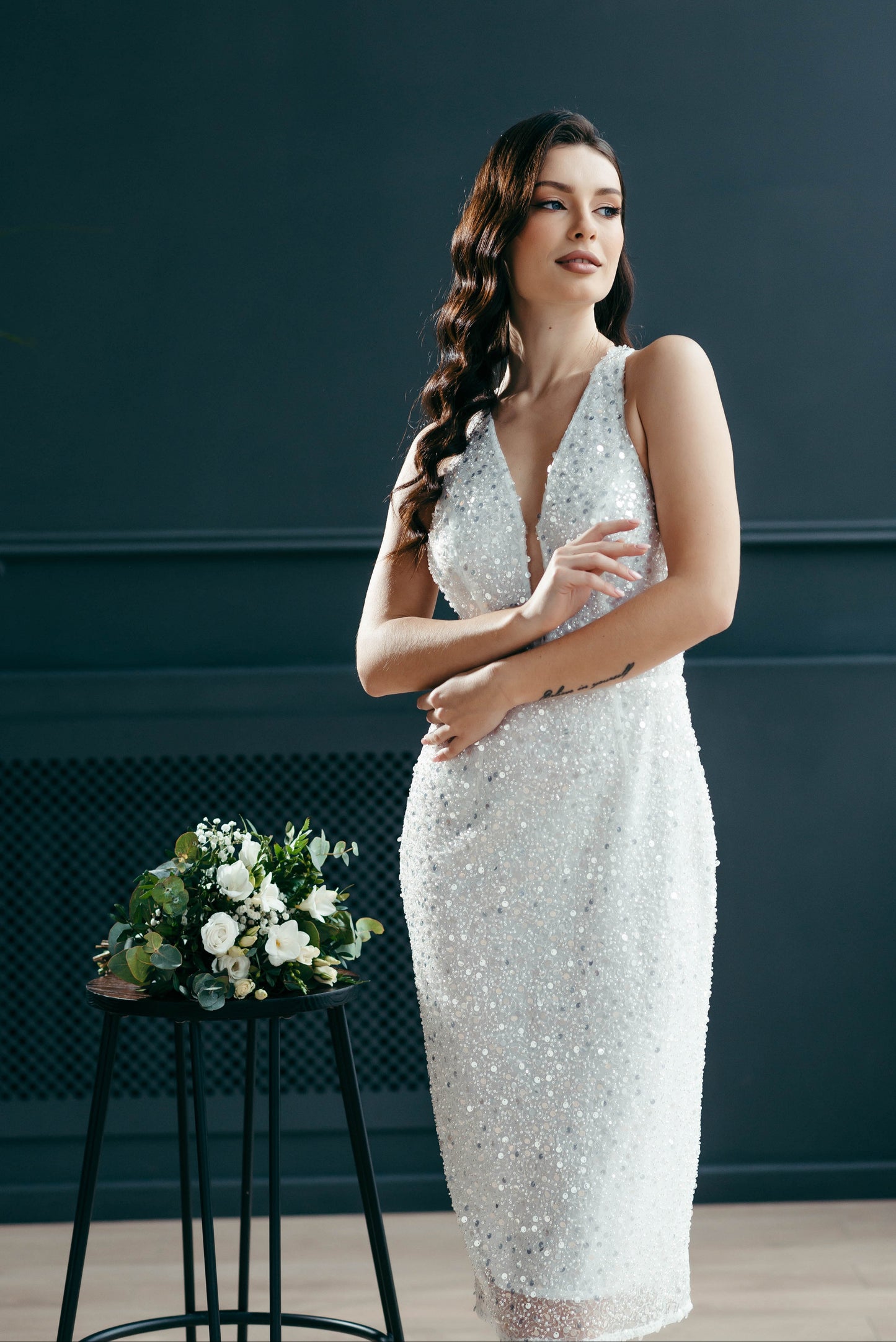Bride in a midi wedding dress at a civil ceremony