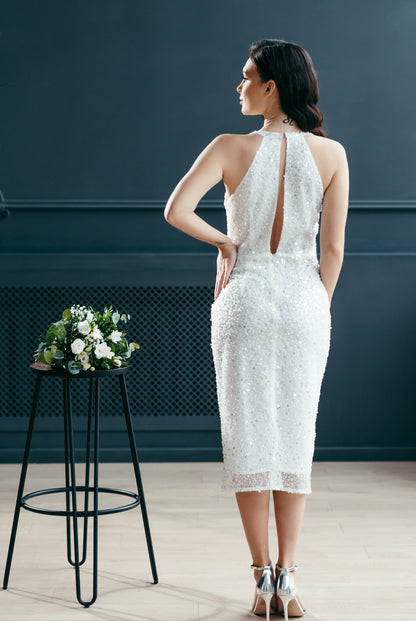 Ivory sequin midi wedding dress back view with open back detail