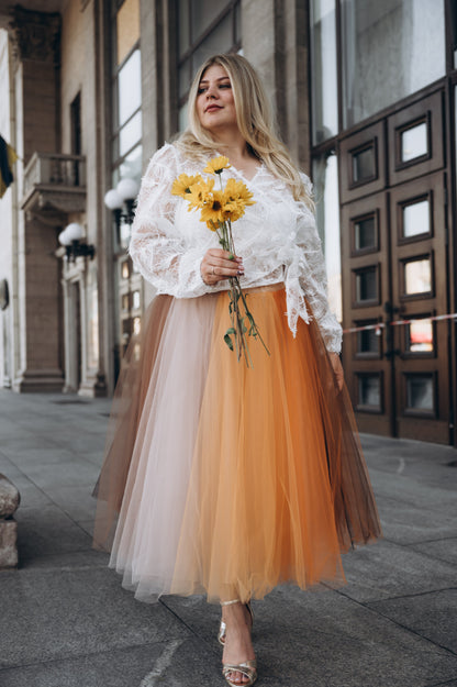 Bride wearing a midi tullle multicoiloured skirt for a civil ceremony