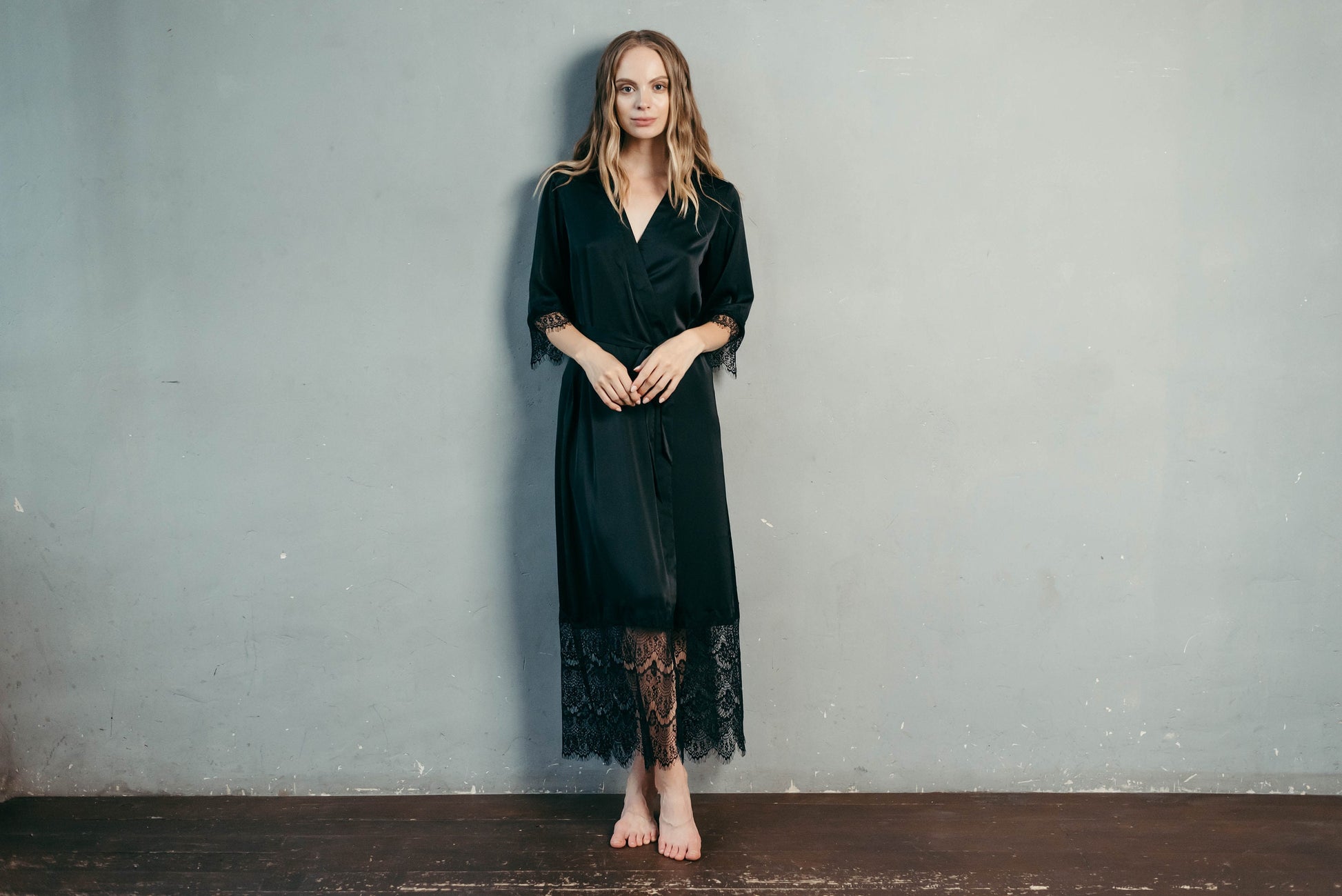 Long lace robe styled as honeymoon loungewear, satin and lace