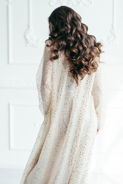 Iona beaded kimono cover up, back view, movement shot