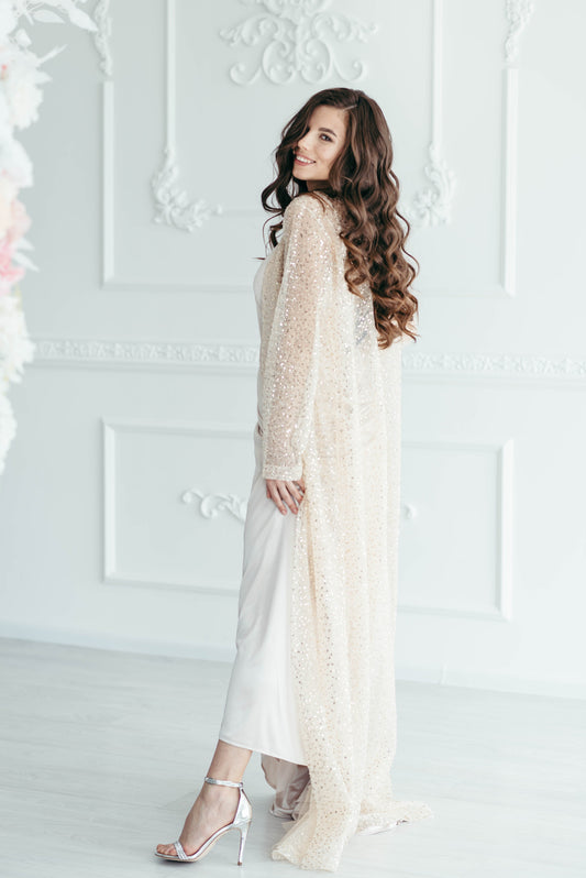 Iona beaded wedding cover up, long sleeves, back view