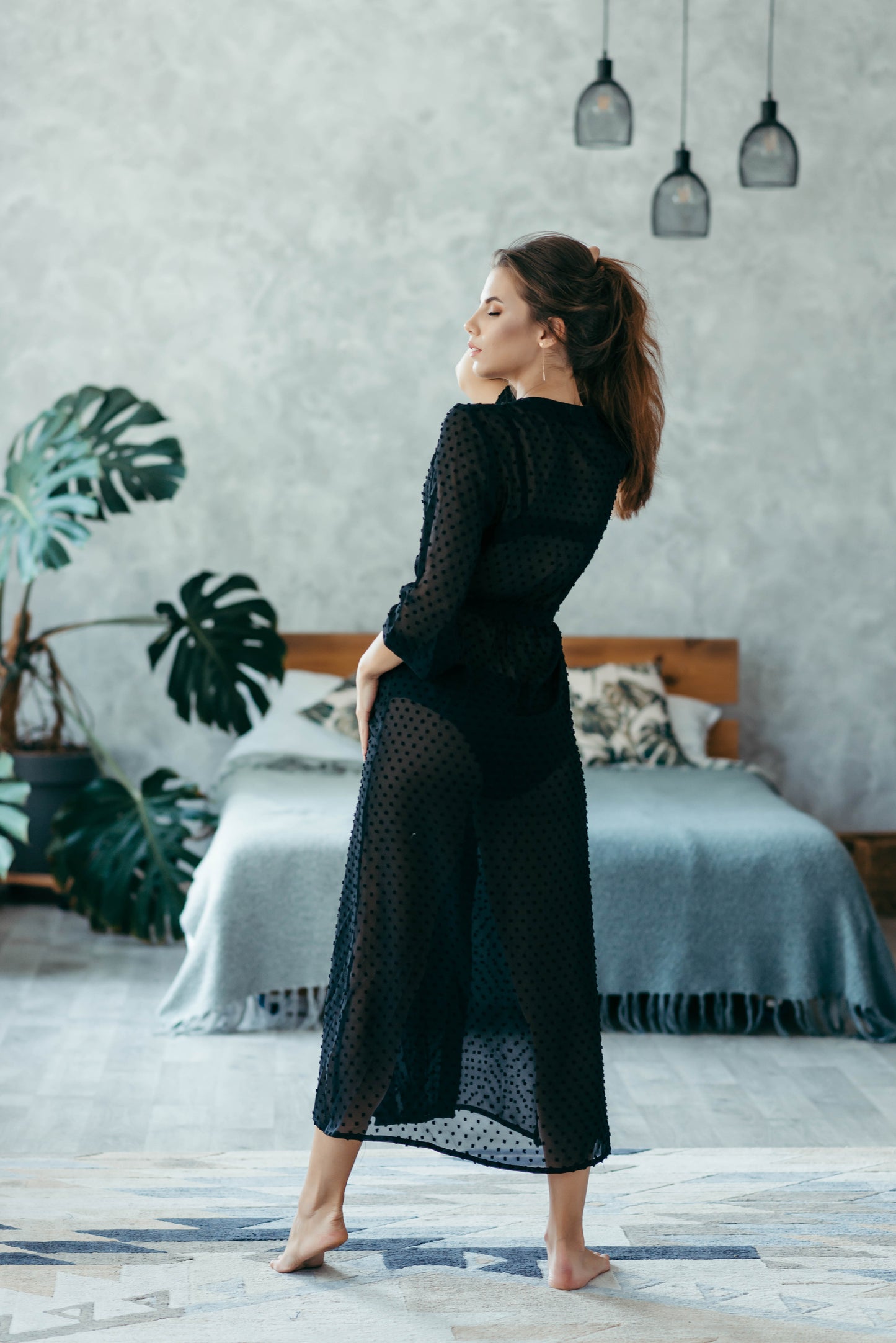Black sheer polka dot robe, full length, bedroom setting