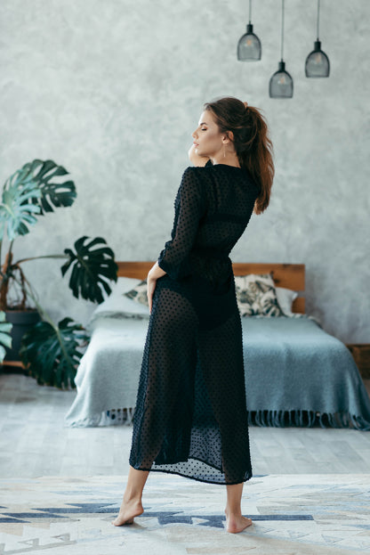 Black sheer polka dot robe, full length, bedroom setting