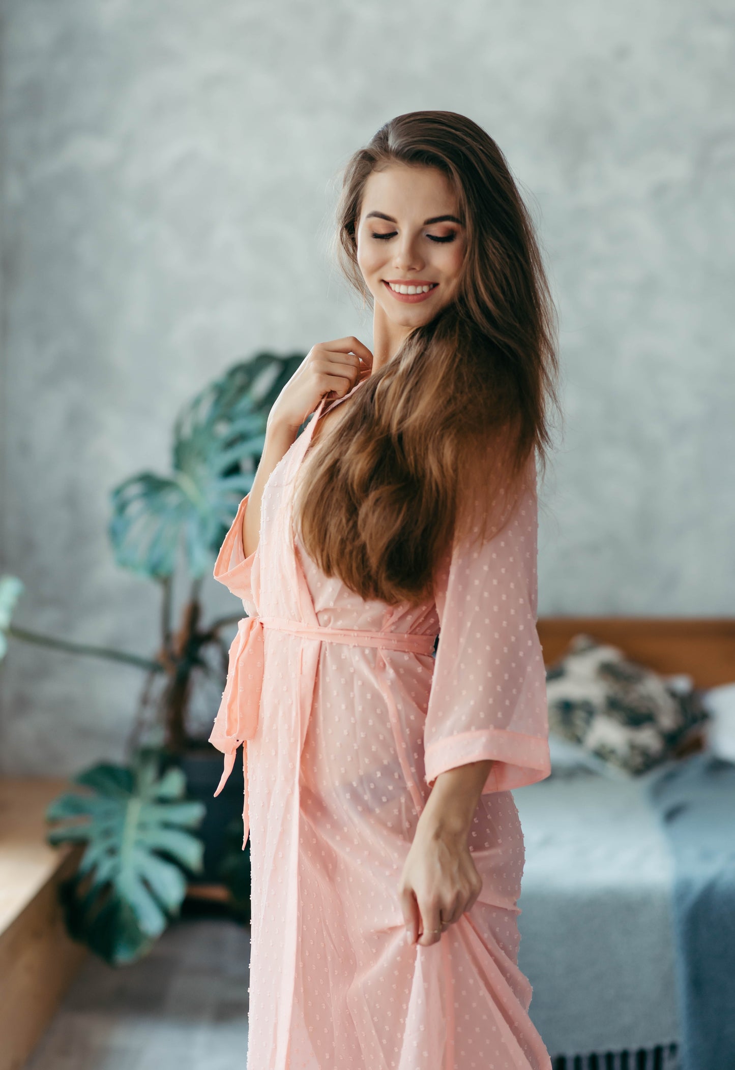 Blush pink sheer polka dot robe, outdoor conservatory setting