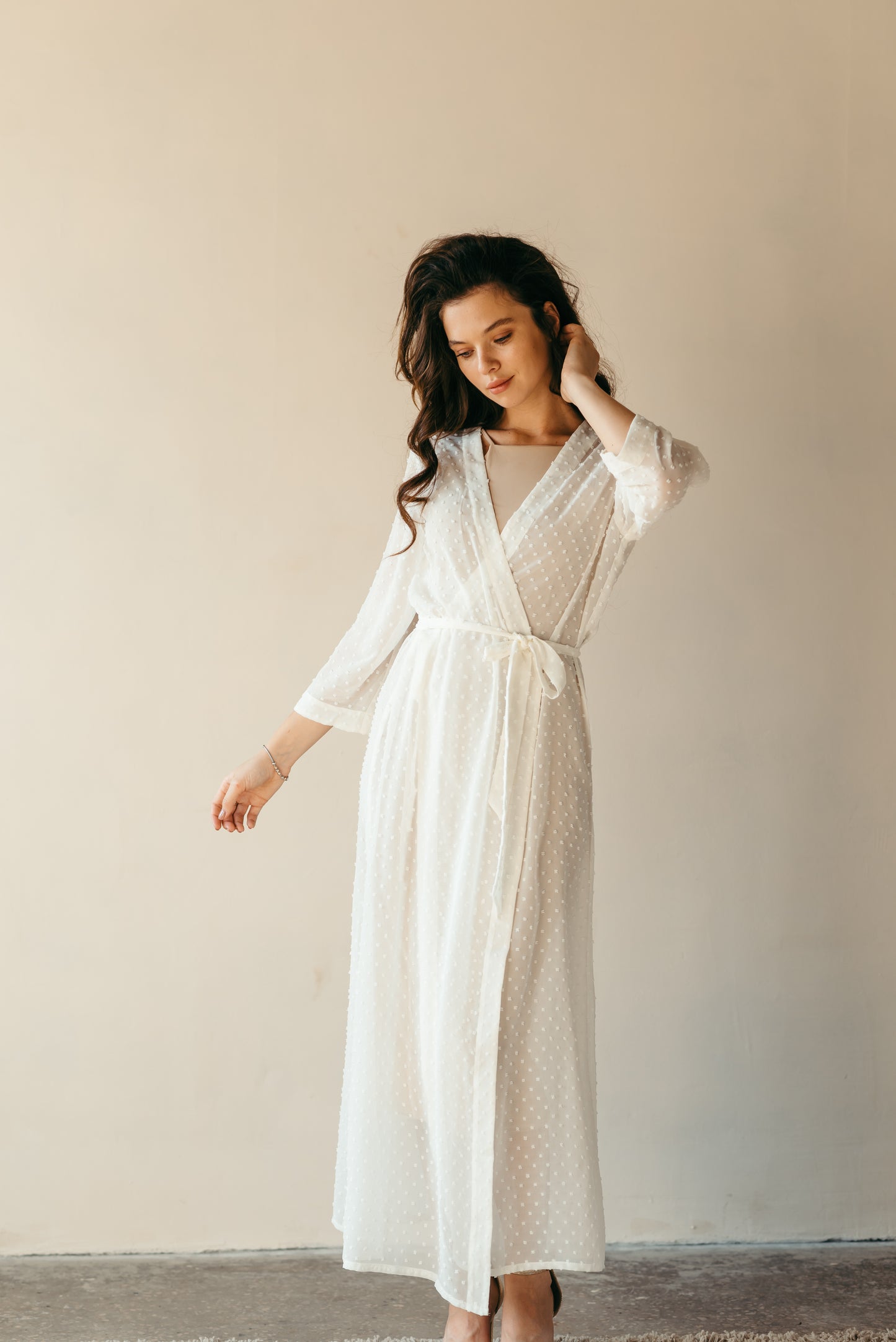 White sheer polka dot robe, neutral background