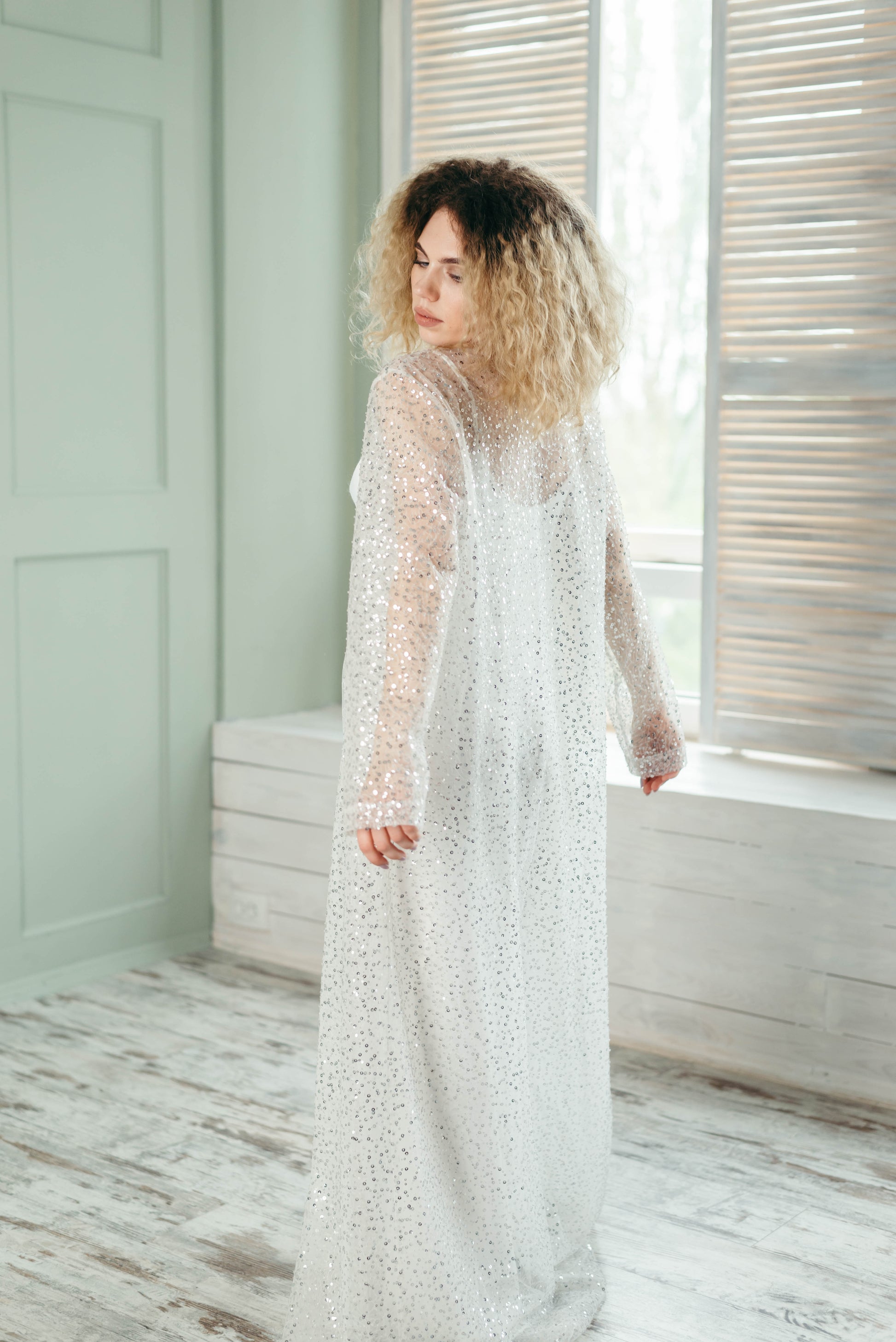Iona sequin kimono, silver variant, outdoor setting