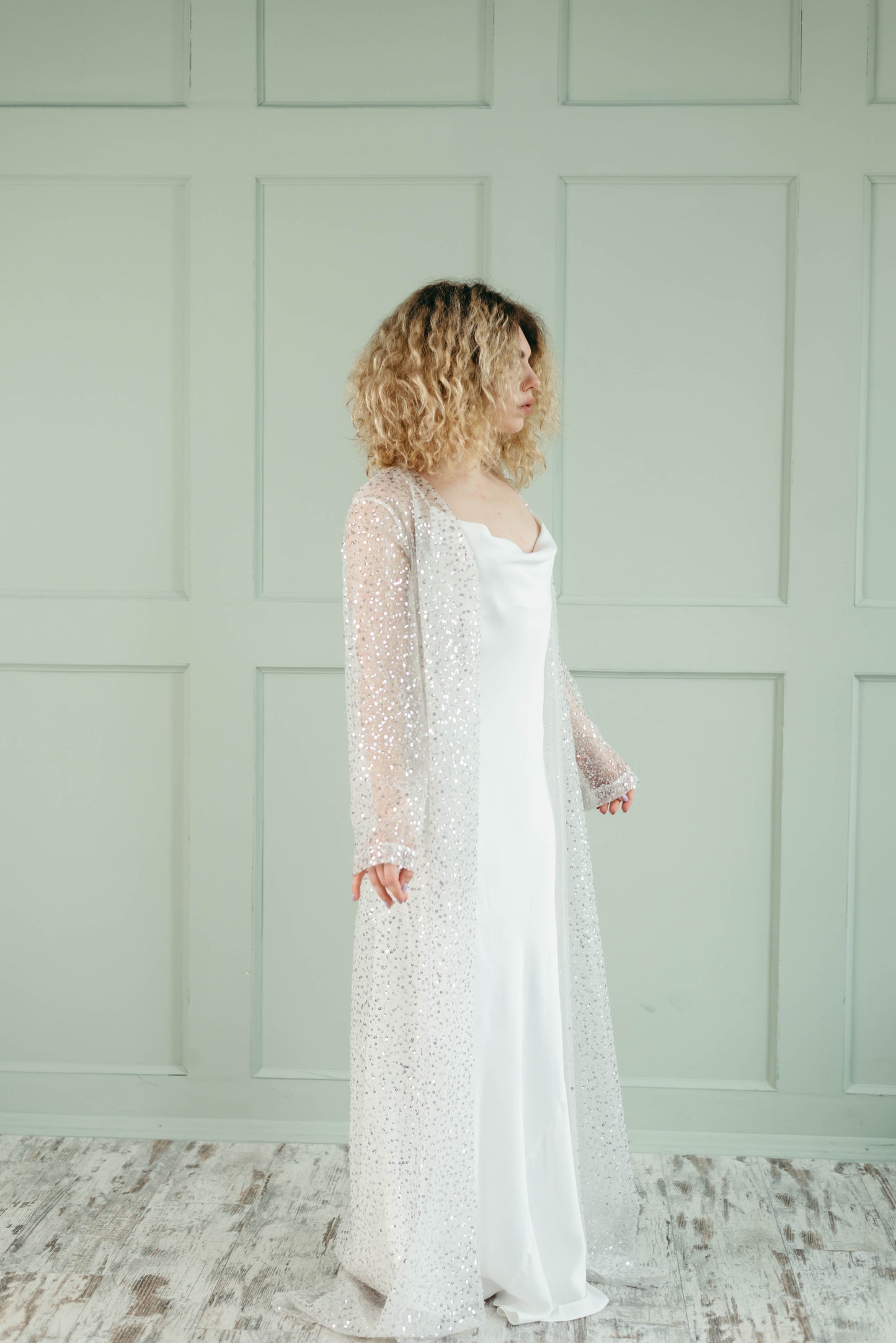 Iona wedding cover up with sleeves, full length side view
