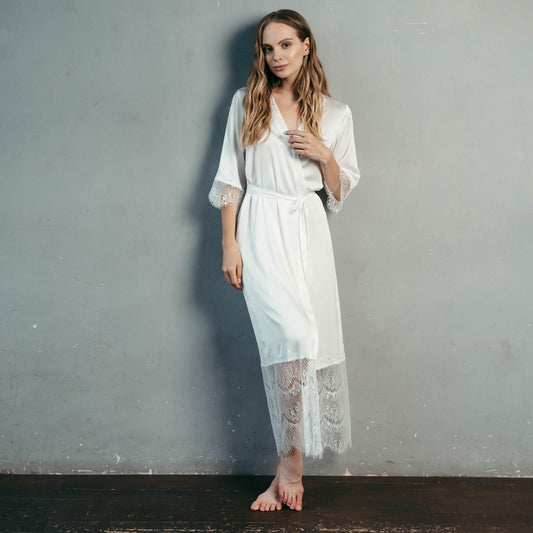 Lace Bridal Robe - Long Lace Robe - Lace Wedding Robe - White Bridal Robe - Black Robe - Long Bridesmaid Robe - Dressing Gown